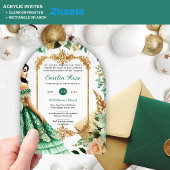 Emerald Green Gold Quinceanera Kleedbloemen Acryl Uitnodigingen