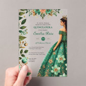 Emerald Green Gold Quinceanera Kleedbloemen Acryl Uitnodigingen (Insitu (Draagbaar))