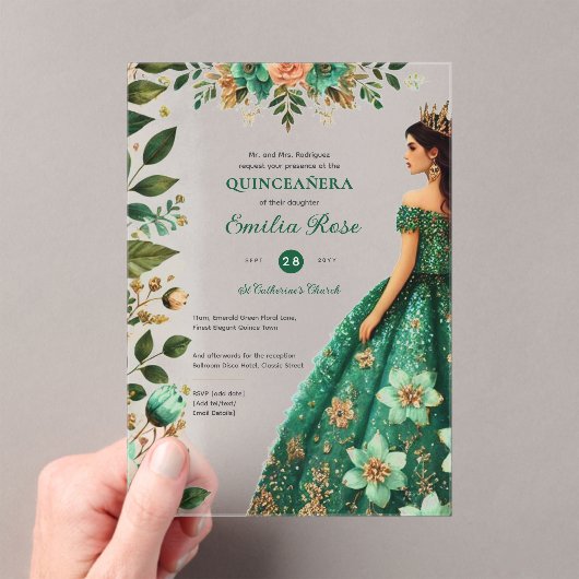 Emerald Green Gold Quinceanera Kleedbloemen Acryl Uitnodigingen (Insitu (Draagbaar))