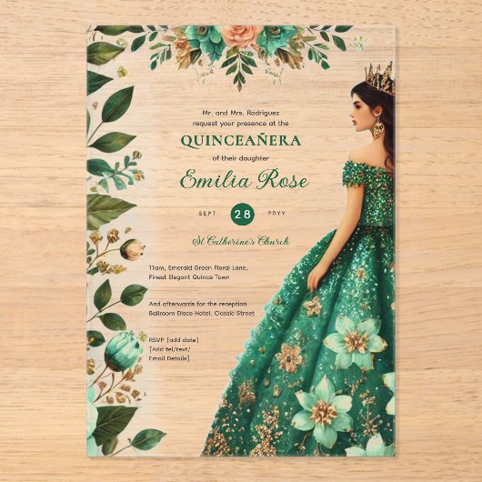 Emerald Green Gold Quinceanera Kleedbloemen Acryl Uitnodigingen (Voorkant)