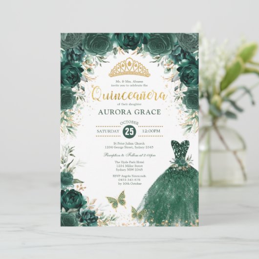 Emerald Green Gold Quinceañera Mis Quince 15 Anos Kaart (Staand voorkant)