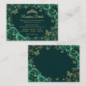 Emerald Green Gold Quinceanera Reception Details Informatiekaartje (Voorkant / Achterkant)
