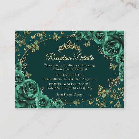 Emerald Green Gold Quinceanera Reception Details Informatiekaartje (Voorkant)