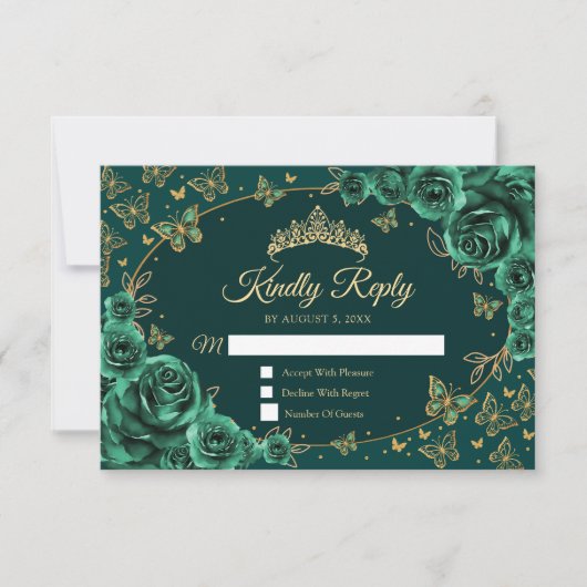 Emerald Green Gold Quinceanera Reply RSVP Kaartje (Voorkant)