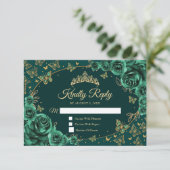 Emerald Green Gold Quinceanera Reply RSVP Kaartje (Staand voorkant)