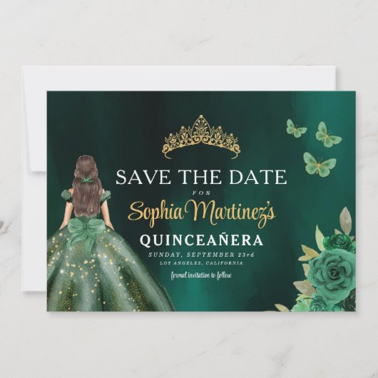 Emerald Green Gold Quinceanera Save The Date (Voorkant)