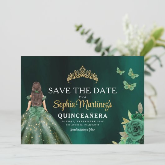 Emerald Green Gold Quinceanera Save The Date (Staand voorkant)