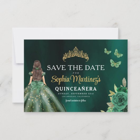 Emerald Green Gold Quinceanera Save The Date (Voorkant)