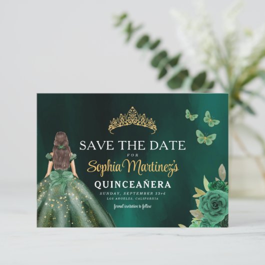 Emerald Green Gold Quinceanera Save The Date (Staand voorkant)
