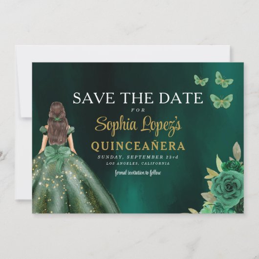 Emerald Green Gold Quinceanera Save The Date (Voorkant)