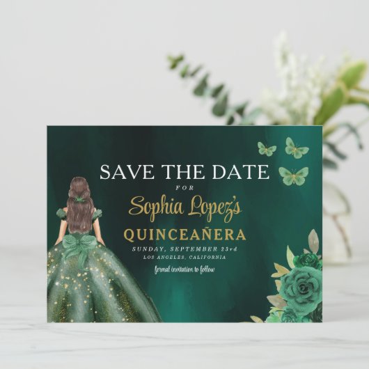 Emerald Green Gold Quinceanera Save The Date (Staand voorkant)