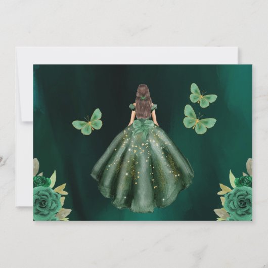 Emerald Green Gold Quinceanera Save The Date (Achterkant)