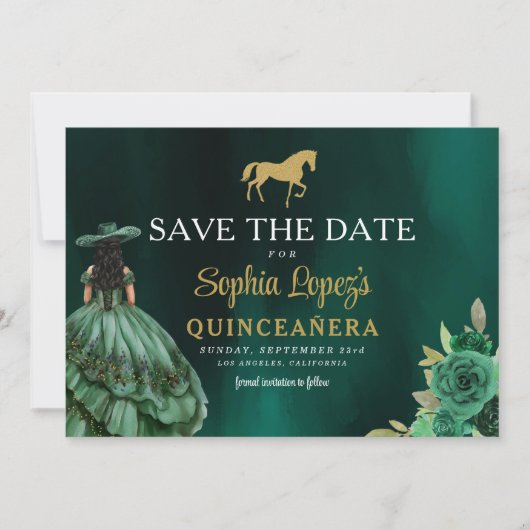 Emerald Green Gold Quinceanera Save The Date (Voorkant)