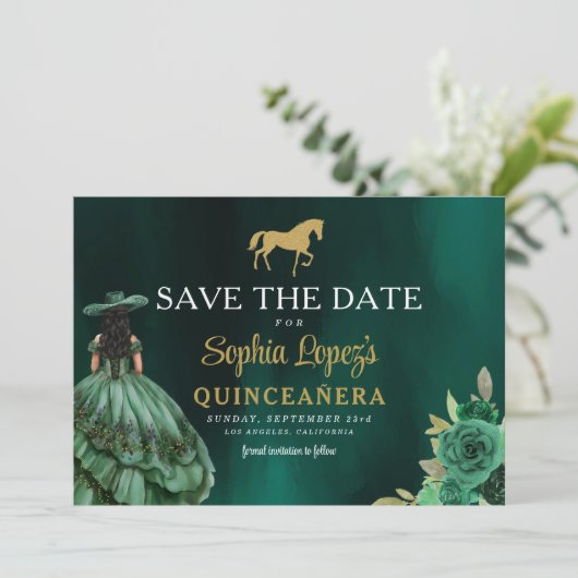 Emerald Green Gold Quinceanera Save The Date (Staand voorkant)