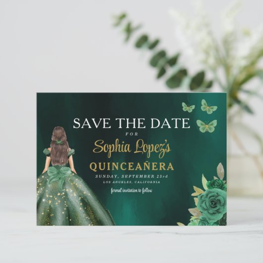 Emerald Green Gold Quinceanera Save The Date (Staand voorkant)