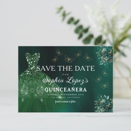Emerald Green Gold Quinceanera Save The Date (Staand voorkant)