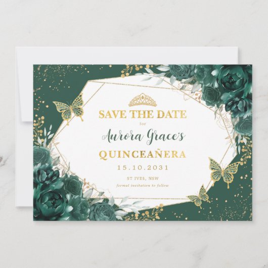 Emerald Green Gold Quinceanera Save the Date Aankondiging (Voorkant)