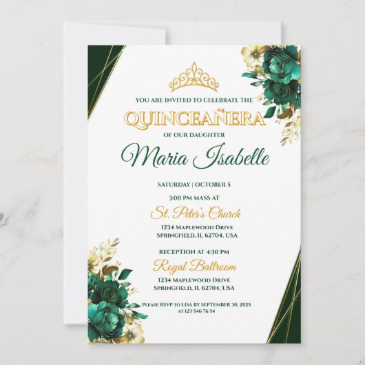 Emerald Green & Gold Quinceañera uitnodiging (Voorkant)