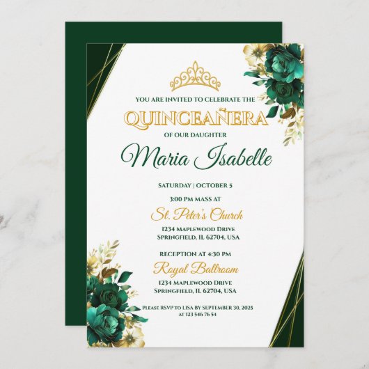 Emerald Green & Gold Quinceañera uitnodiging (Voorkant / Achterkant)