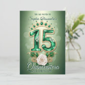 Emerald Green & Gold Regal Tiara Rose Quinceañera  Kaart (Staand voorkant)