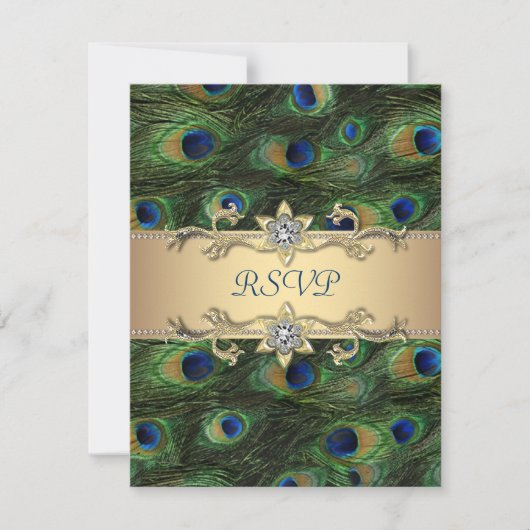 Emerald Green Gold Royal Indian Peacock Wedding RSVP Kaartje (Voorkant)