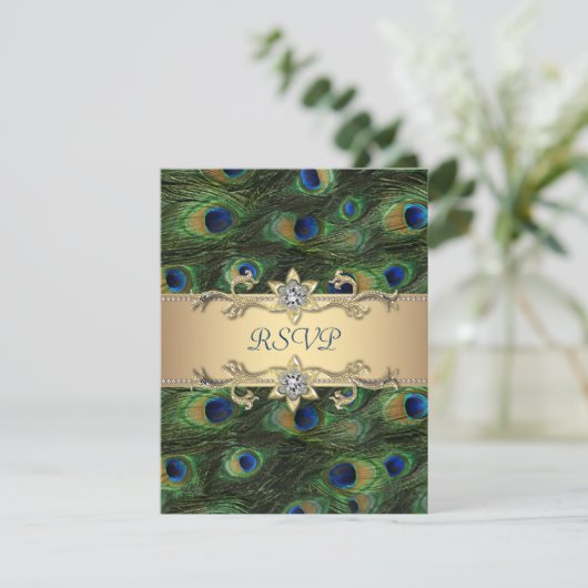 Emerald Green Gold Royal Indian Peacock Wedding RSVP Kaartje (Staand voorkant)