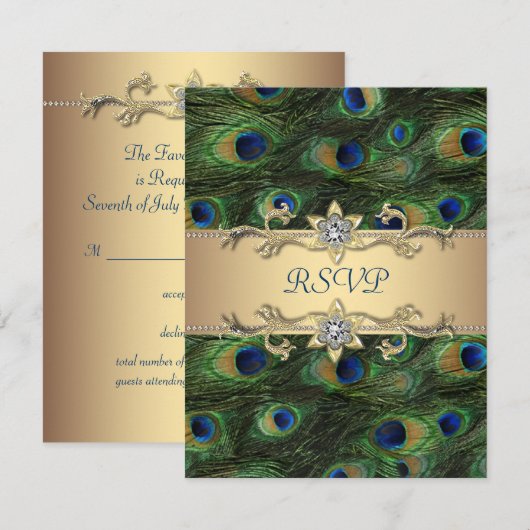 Emerald Green Gold Royal Indian Peacock Wedding RSVP Kaartje (Voorkant / Achterkant)