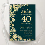 Emerald Green Gold Rozen Verrassing 40e Verjaardag Kaart<br><div class="desc">Emerald Green Gold Floral Surprise 40th Birthday Party Invitation. Elegant ontwerp met rozen,  faux gouden folie en typografisch lettertype. Trendy uitnodigingskaart ideaal voor een stijlvol vrouw bday-feest. Kan worden aangepast aan elke leeftijd. Gedrukte Zazzle-uitnodigingen of direct downloadbare digitale afdrukbare sjabloon.</div>