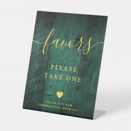 Emerald Green Gold Rustieke Boho Schuur Hout Favor Reclamebord Met Voetstuk