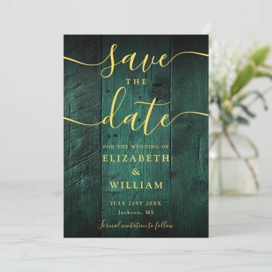 Emerald Green Gold Rustieke Schuur Hout Fotobruilo Save The Date (Staand voorkant)