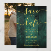 Emerald Green Gold Rustieke Schuur Hout Fotobruilo Save The Date (Voorkant / Achterkant)