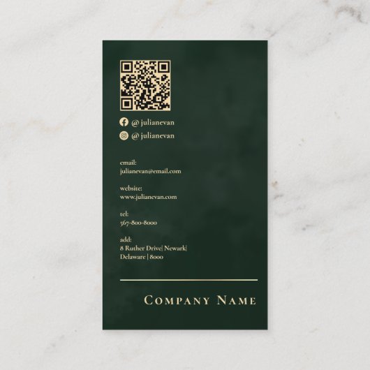 Emerald Green & Gold Scannable QR Code Monogram Visitekaartje (Achterkant)