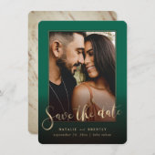 Emerald Green Gold Script en marble Photo Overlay Save The Date (Voorkant / Achterkant)