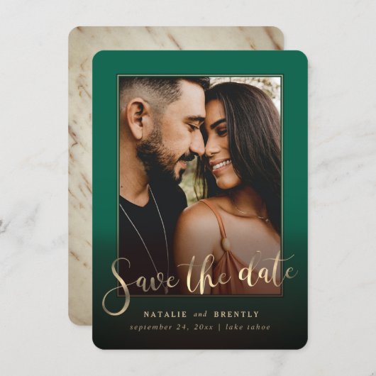 Emerald Green Gold Script en marble Photo Overlay Save The Date (Voorkant / Achterkant)