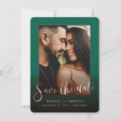 Emerald Green Gold Script en marble Photo Overlay Save The Date (Voorkant)