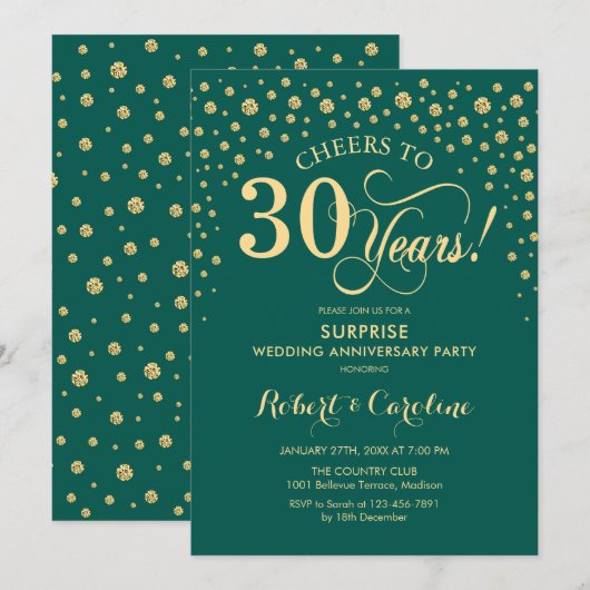 Emerald Green Gold Surprise 30ste Jubileum Party Kaart (Voorkant / Achterkant)