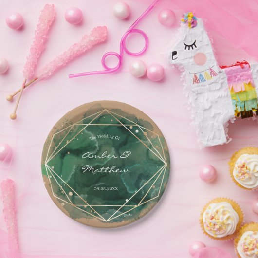 Emerald Green Gold Tan Waterverf Wedding Papieren Bordje (Feest)