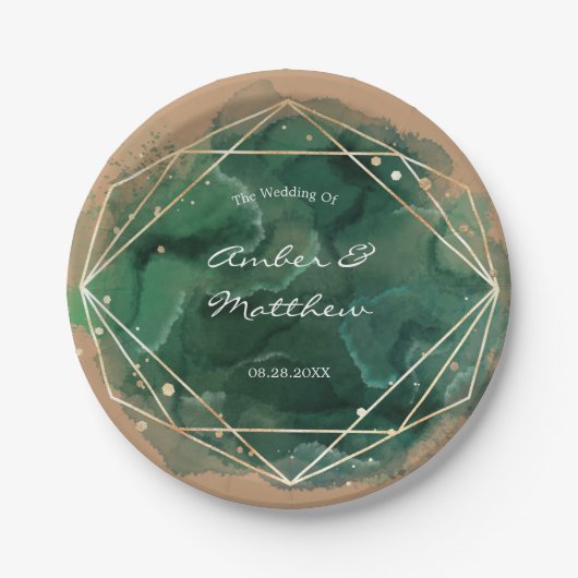 Emerald Green Gold Tan Waterverf Wedding Papieren Bordje (Voorkant)