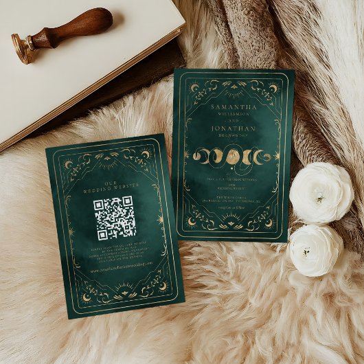 Emerald Green Gold Tarot Celestial QR Code Wedding Kaart