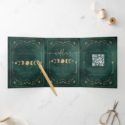Emerald Green & Gold Tarot Hemelse Huwelijk Drieluik Uitnodiging