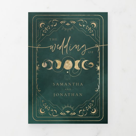 Emerald Green & Gold Tarot Hemelse Huwelijk Drieluik Uitnodiging (Cover)