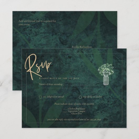 Emerald Green Gold Text Gypsophila Wedding RSVP Briefkaart (Voorkant / Achterkant)
