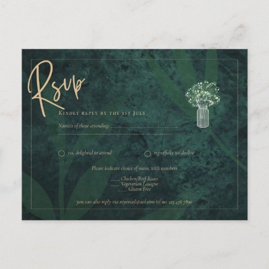 Emerald Green Gold Text Gypsophila Wedding RSVP Briefkaart (Voorkant)