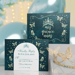 Emerald Green Gold Tiara Butterflies Quinceañera RSVP Kaartje