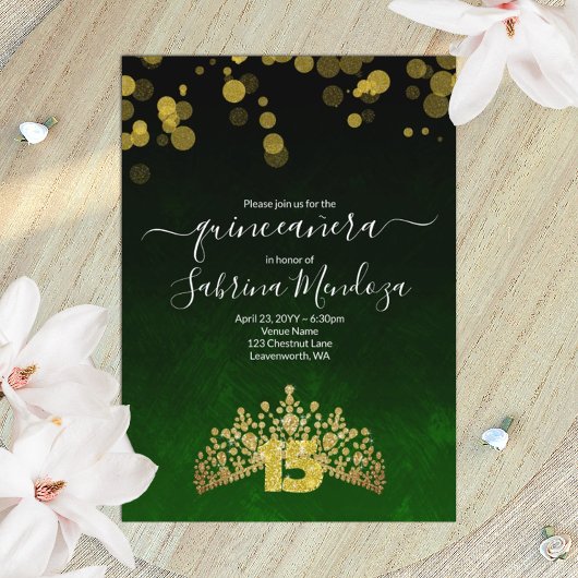 Emerald Green, Gold Tiara Quinceanera Kaart