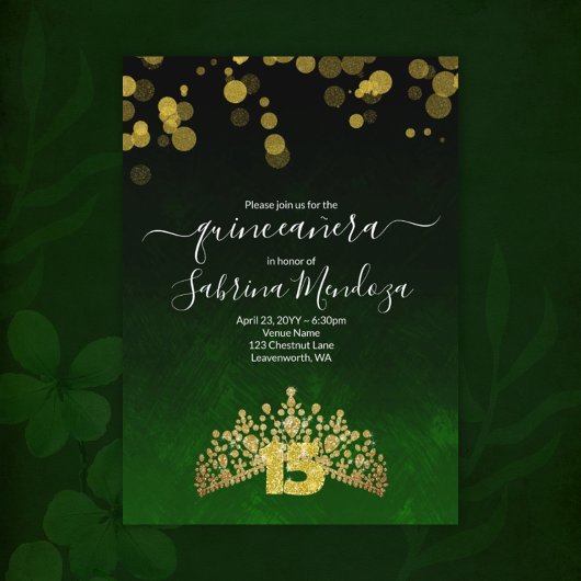 Emerald Green, Gold Tiara Quinceanera Kaart