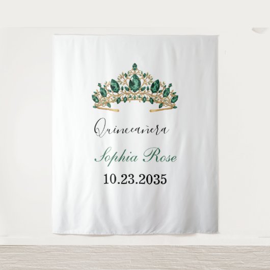 Emerald Green Gold Tiara Quinceañera Tapestry Wandkleed (Voorkant)