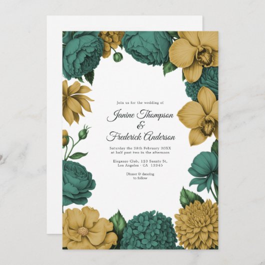 Emerald Green & Gold Watercolor Floral Wedding Kaart (Voorkant / Achterkant)