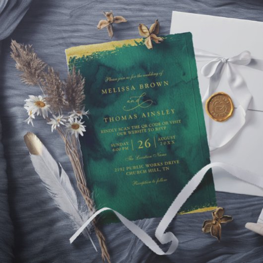 Emerald Green Gold Watercolor QR Code Wedding Kaart
