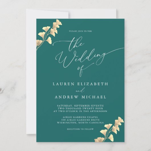 Emerald Green & Gold Waterverf Wedding Invitation Kaart (Voorkant)
